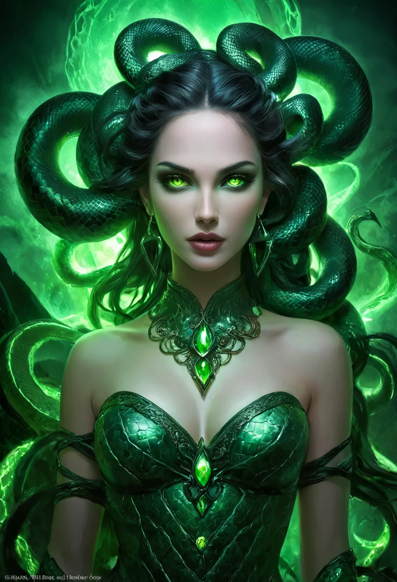 Medusa Gorgon in Gothic style, (Her hair is composed entirely of writhing, venomous snakes, each one with glistening scales and eyes that burn with a malevolent glow:1.5), The snakes are alive, constantly moving and hissing, adding a dynamic, almost hypnotic quality to her appearance. (A dark aura rising from her entire body:1.4), full lips painted a deep crimson, and piercing eyes that glow with an otherworldly green light. Her skin is a pale, almost ethereal white, smooth and flawless but with a slight shimmer that gives her an unearthly quality. (She is half French, and is a stunning beauty with detailed eyes and a high nose:1.1), thick eyebrows, detailed facial features, long graceful neck