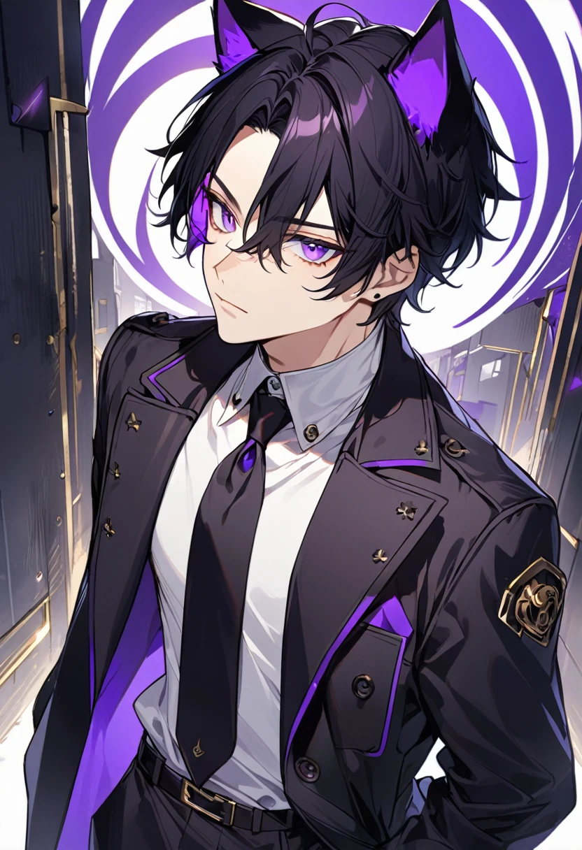 1man, short black hair, black cat ears, bright purple eyes, wearing a black buttoned coat, wearing a white undershirt, wearing black pants , wearing a gold and purple watch