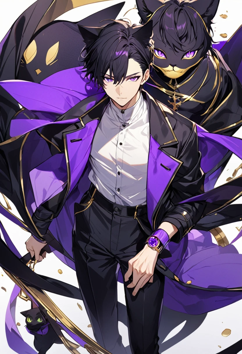 1man, short black hair, black cat ears, bright purple eyes, wearing a black buttoned coat, wearing a white undershirt, wearing black pants , wearing a gold and purple watch