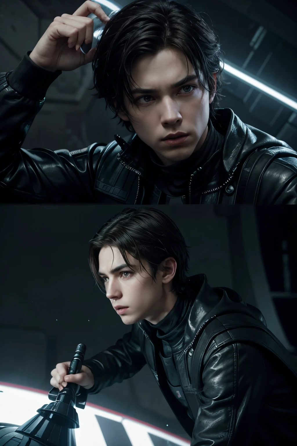 Create carl from Star Wars Jedi fallen order fighting dart Vader on the death star