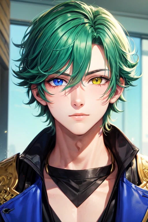 25 year old male boy, green hair with blue and yellow heterochromia eyes, with telekinesis powers