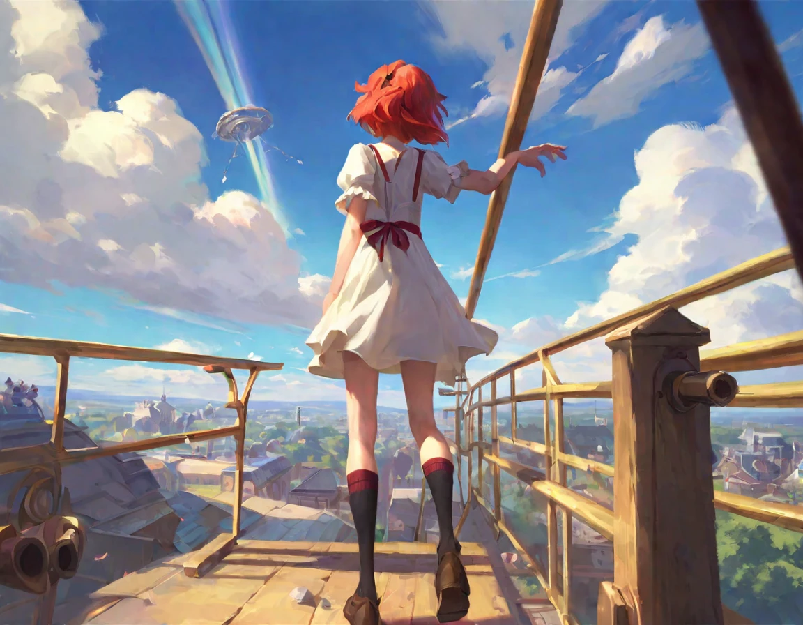score_9, score_8_up, score_7_up, score_6_up, artstation best aesthetic, Arcane, 1girl, flandre_scarlet, solo, sky, cloud, scenery, outdoors, dress, contrail, railing, day, blue sky, white dress, short sleeves, wide shot, camera, black socks, centered