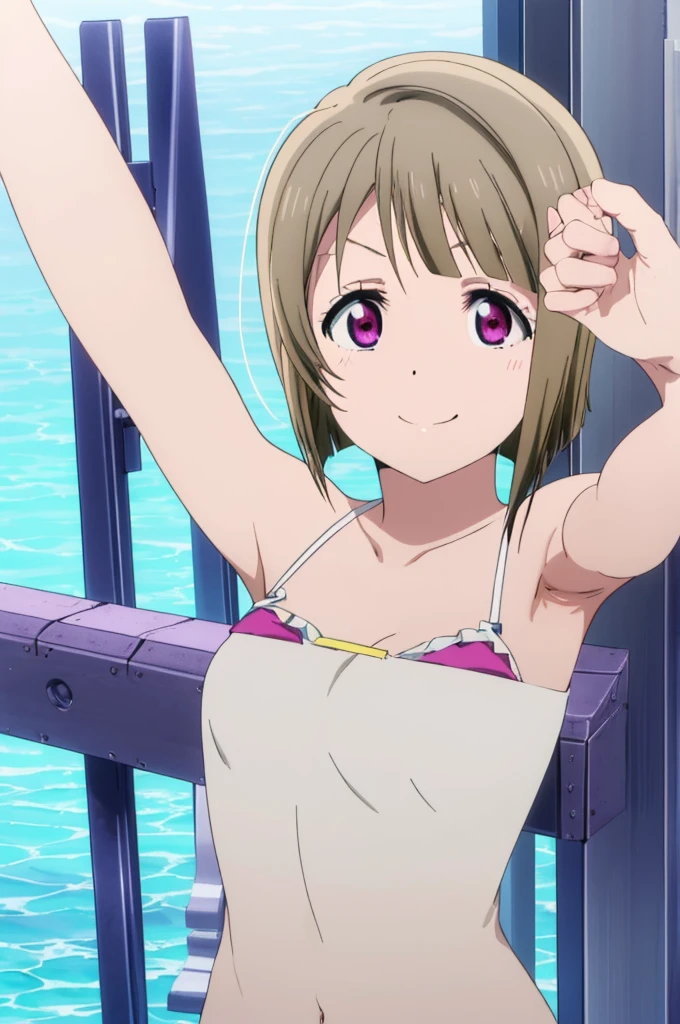 (((pixel-perfect, detail-perfect))), solo, 1girl, kasumi nakasu, eyes violet, smile, pool, bikini, armpit, flat filesize, ultra High Qality