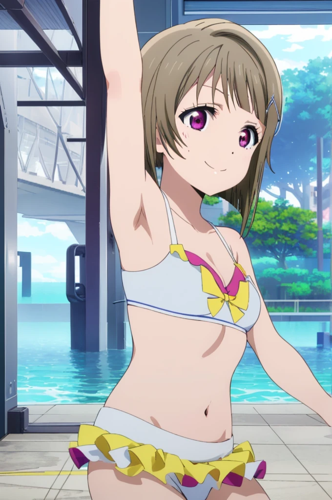 (((pixel-perfect, detail-perfect))), solo, 1girl, kasumi nakasu, eyes violet, smile, pool, bikini, armpit, flat filesize, ultra High Qality