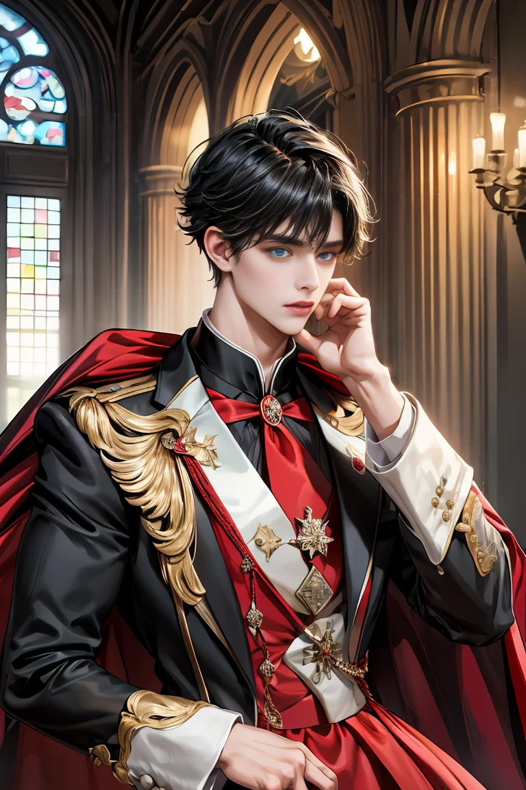 
masterpiece, 最high quality, high quality, 1 boy, alone, Male focus, Watching the audience,  Messy black hair, Adorable big blue eyes, White people, Noble, Noble,Sexy voluminous black and red cape、Tuxedo、A very voluminous, large, very large, very large, long, long red and black cape with a high stand-up collar, reaching down to the floor, made of a lot of fabric., ************,Cute beautiful boys,Cute, cute, kind, handsome guy