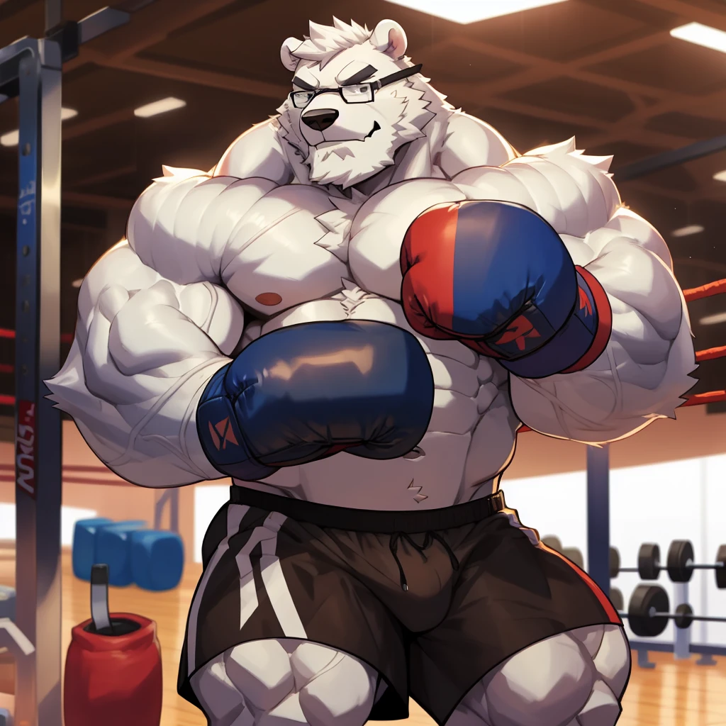 solo, 1boy, Huge Muscular Daddy White Polar Bear wearing glasses, huge white fur, pectoral, huge pectoral, wide pectoral, short white hair, blue colored gym short pants, blue colored wrapped hands and shirtless and toppless, white bearded, white Mustache, white fur, gym background, boxing training, veins popping masterpiece, high detailed, 8k, high resolution, at the gym, punching the punching bage