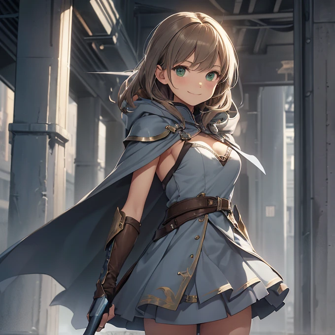 (absurdres, best high quality image, carefuly detailed features and textures, very detailed image, solo character alone, full character body and design): {{(1character: 14 years old human mage girl), (fair skin, medium straight light brown hair, green eyes, medium breasts, nice body), (light blue bra, golden shoulder platea, grey cloak light blue short skirt, brown short boots), (grey steel scepter), (calm happy smile, relaxed expression), (modern human british city)}}