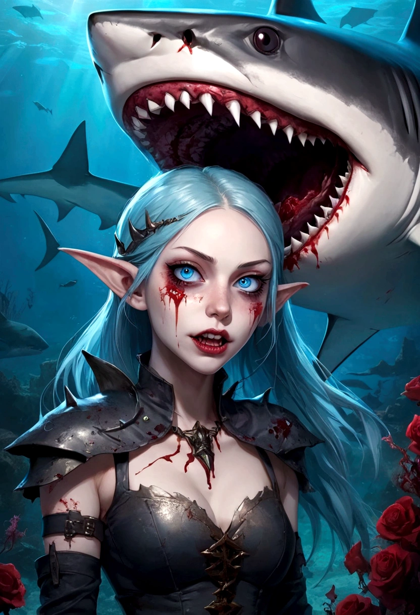 Fantasy Undersea，Shark Elf Girl，blue eyes，Sharp Fangs，Shark fin feature on back，look back,Blood stains at the corners of mouth，fierce，close up，Gothic Art，Dark Wind，Dilapidated cabin of a sunken ship，Zombie style，Alternative，hand