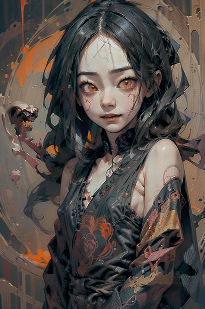 ((festival)), Outline warm color, ((Jump scares)), scribble, nightmare, Doll-like face, Manga style, rough sketch, Horror elements, (masterpiece), (High resolution), (Very delicate), (clear), Comic style illustration, (drawing style), warm color, (Horror elements), Japanese painting, whole body, Appear, angle, (snap shot), Bugaboo, that'terrible, (Spooky), Japan sculpture, primitive art, old picture scroll style, old staging, Ancient mural style, crazy illustration, antique, Dark atmosphere, Flat Illustration, Crazy Smile, Spookyな外観, Characteristic hairstyle, creative accessories, Unique atmosphere