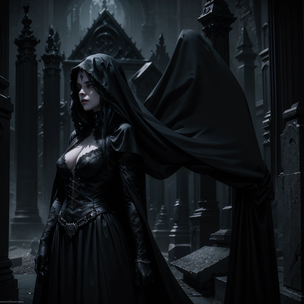 a female ghost wearing a long black veil covering her entire body, only her white eyes without pupils visible, long thin black gloves above the elbows, Gothic tombstones in the background, dark moody atmosphere, cinematic lighting, highly detailed, photorealistic, dramatic pose, horror, dark fantasy
