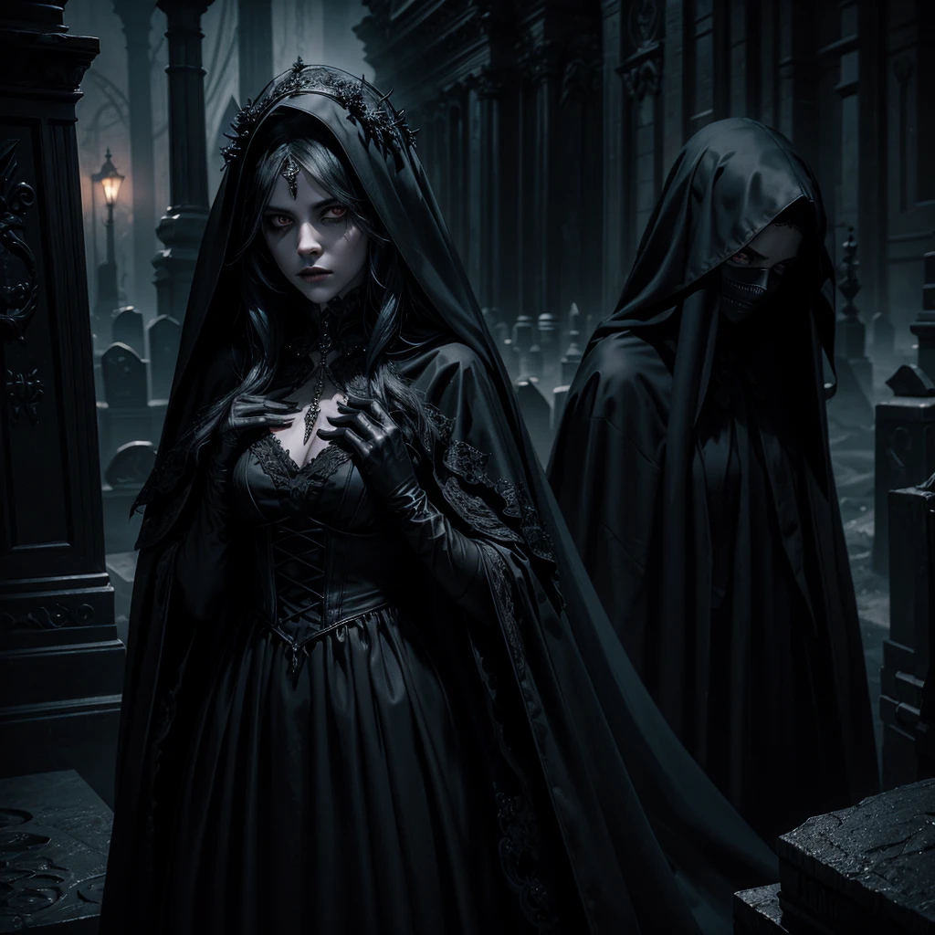 a female ghost wearing a long black veil covering her entire body, only her white eyes without pupils visible, long thin black gloves above the elbows, Gothic tombstones in the background, dark moody atmosphere, cinematic lighting, highly detailed, photorealistic, dramatic pose, horror, dark fantasy