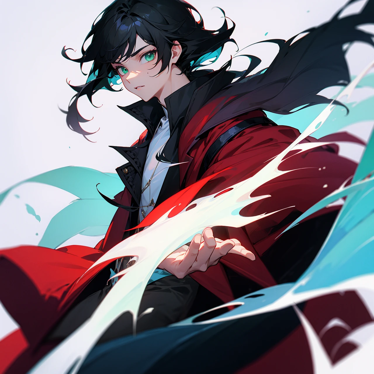prince, sorcerer, green eyes, black hair, Red jacket, White shirt, ice magic,