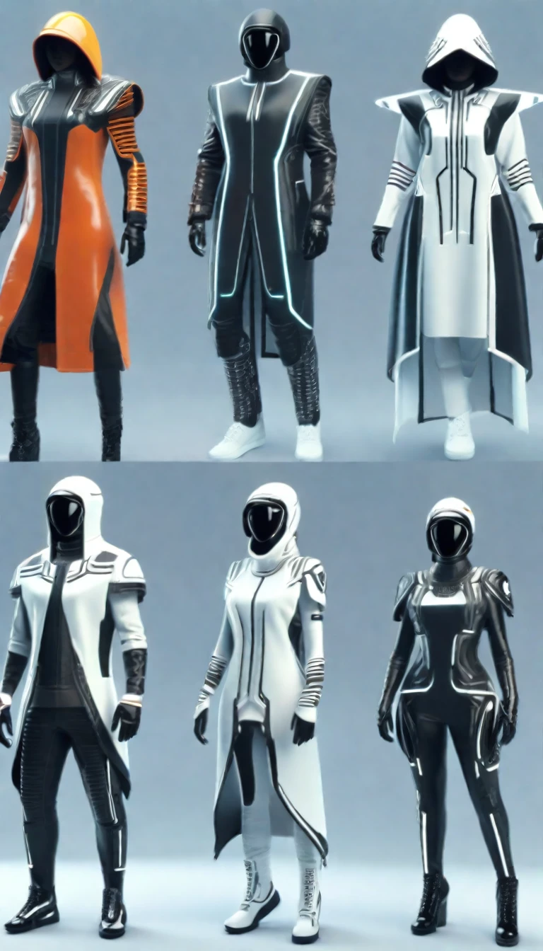 Futuristic clothing design sheet, Different designs. 4k