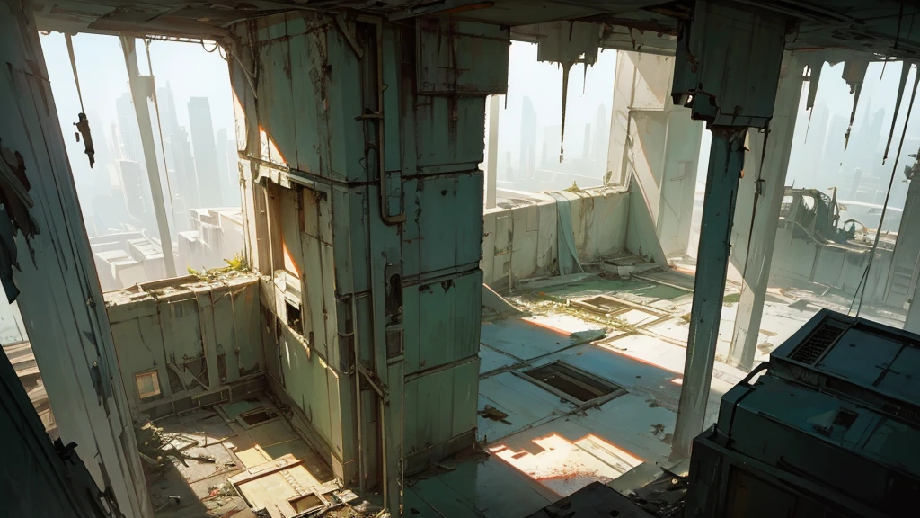 a futuristic abandoned cosmodrome, medical facility, aerial view, intricate architecture, advanced technology, decaying structures, overgrown vegetation, sunlight streaming through windows, shafts of light, atmospheric lighting, cinematic composition, muted color palette, sense of abandonment and decay, photorealistic, 8k, highly detailed