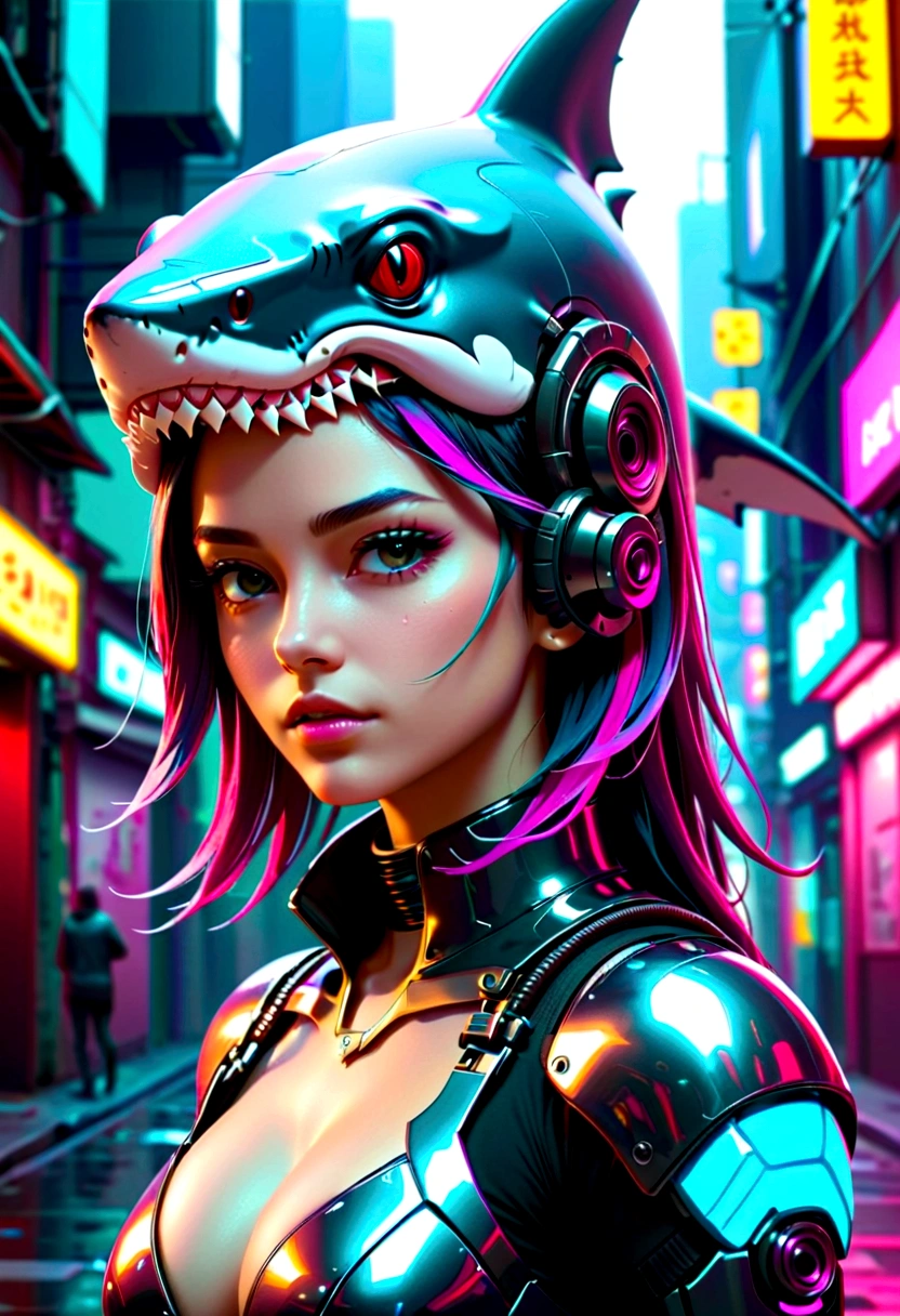 Cyberpunk girl wearing a shark head mecha