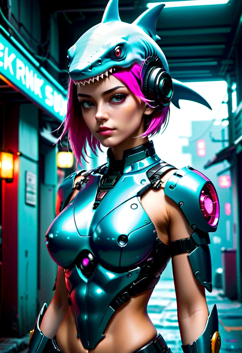 Cyberpunk girl wearing a shark head mecha