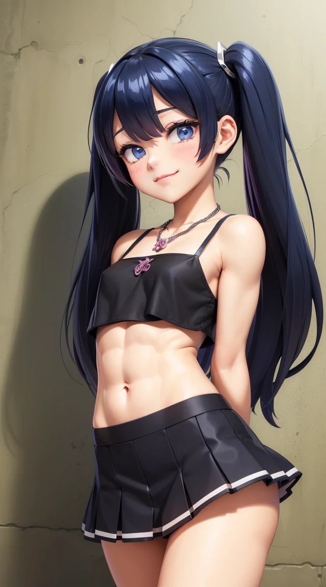 (masterpiece:1.3), (Best Quality:1.3), (Ultra-detailed:1.2), ((kawaii)), Cute, (lovely), ((sexy)), ((Extremely detailed)), 4K, (8K), Best Quality, (Beautiful), Illustration, anime style, (bold line:1.2), Gradation, looking at viewer, //, (bent down:1.1), (arms behind back), //, a cute girl, 1girl, (solo:1.2), gleaming skin, //, (flat chested), (Perfect eyes:1.2), (Perfect iris:1.2), //, darkblue hair color, (beautiful eyes) //, (half closed eyes:1.3), (sexual expression:1.2), Fascinated expression, smile, (blush:1.2), //, modern city background, on rock, twin tails, muscle girl, hard abs, exposed abs, NECKLACE, tight blouse, skirt