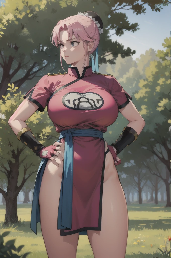 maam,big breasts,beautifuleyes,narrow waist,realistic,solo,outdoor,forest, martialMaam,pink hair,hair bun,long hair,china dress,short sleeves,sash,fingerless gloves,beautiful legs,(hands on hips, looking away),