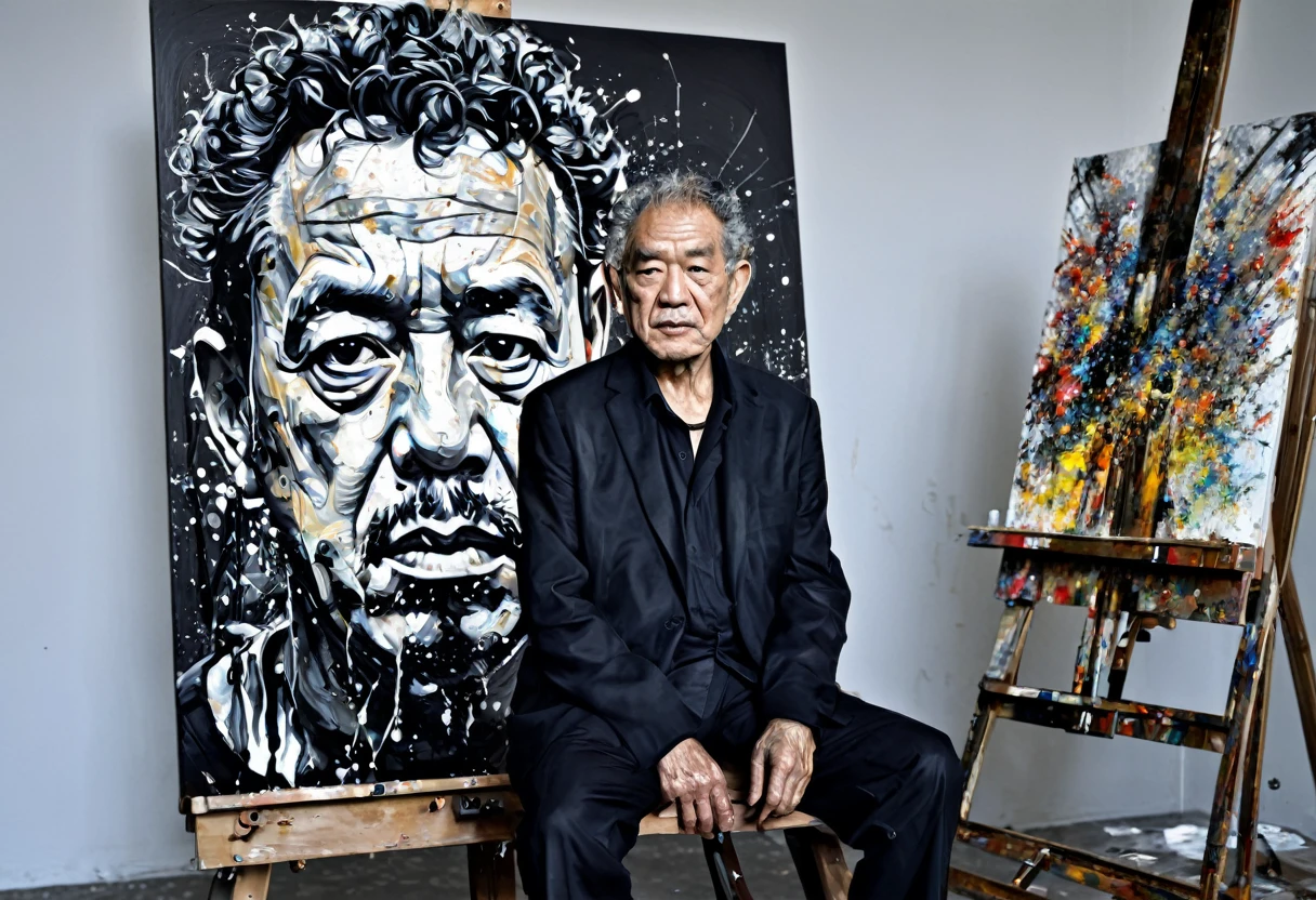 elderly artist with sparse curly hair, sitting in front of a painting of a man with a face made of paint on an easel, pollock photorealistic, yoji shinkawa :: portrait, amazing, portrait of a man made of ice, stunning art, highly detailed vfx portrait, dramatic artwork, inspired by yoji shinkawa, close-up print of a fracture, russ mills, stunning artwork, hyperrealistic mixed media, 4k painting, epic artist painting, powerful painting, complex and intense oil painting, painting art, incredible painting, digital art masterpiece, intense painting, complex oil painting, art painting, detailed realism in painting, art with ai, cinematic painting, realistic painting, painting comes to life