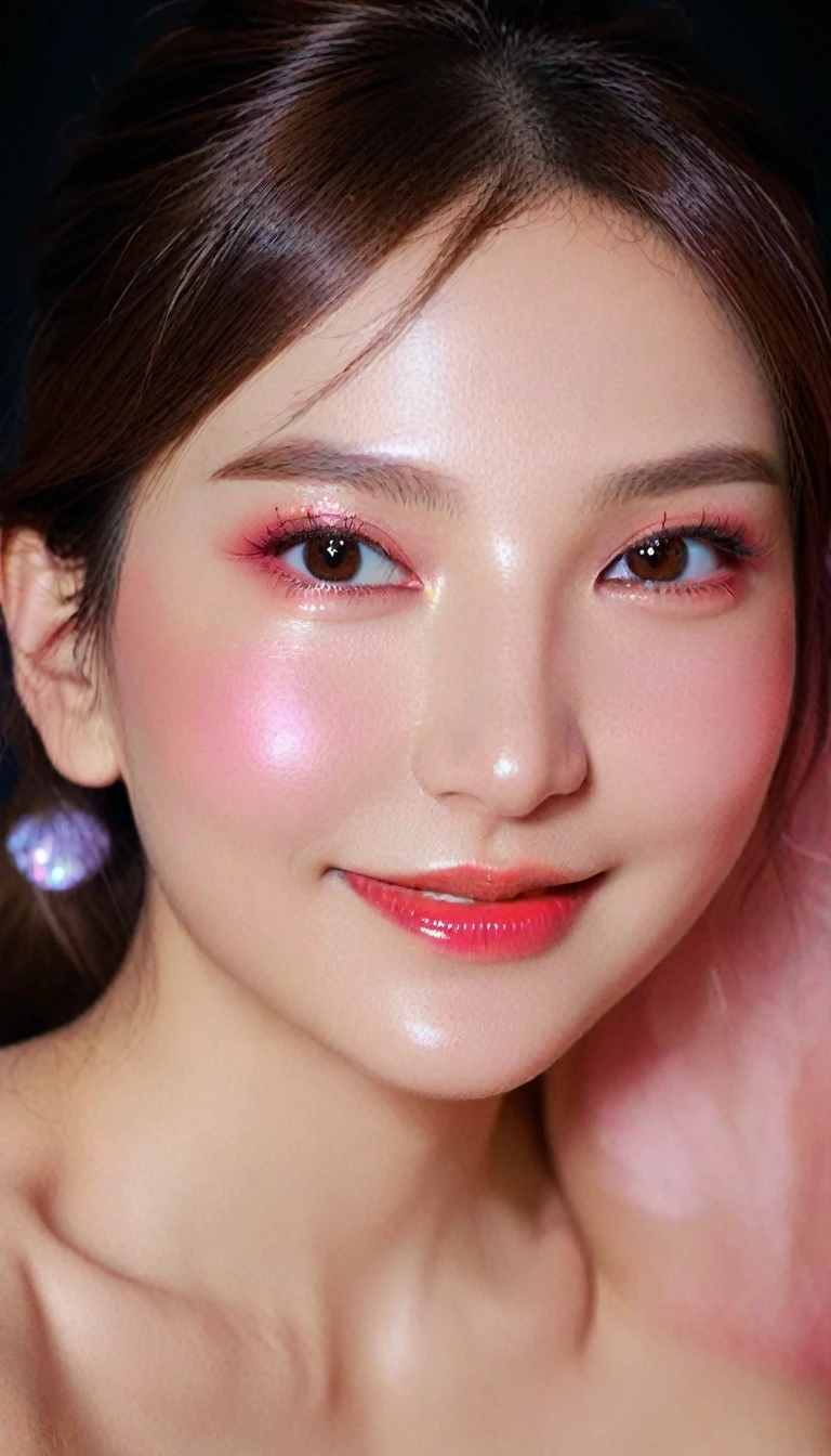 Ultra-realistic movie master pie with ultra-detailed primetime portraits, high quality, 8K, table top, Ultra HD), 1 girl 40 years old、nude supermodel, ((Random style and color hair)), masterpiece, high quality, high quality, High resolution、(close up of face), black_mascara put in Long eyelashes:1.5, dark (eyesshadows:1.35), (Glossy) red_lips:1.24, ((brown_eyes)), (iridescent eyes), vibrant eyes:1.35, high contrast, dark shot:1.5, (seductive smile), ((pink_makeup cheeks:1.2))