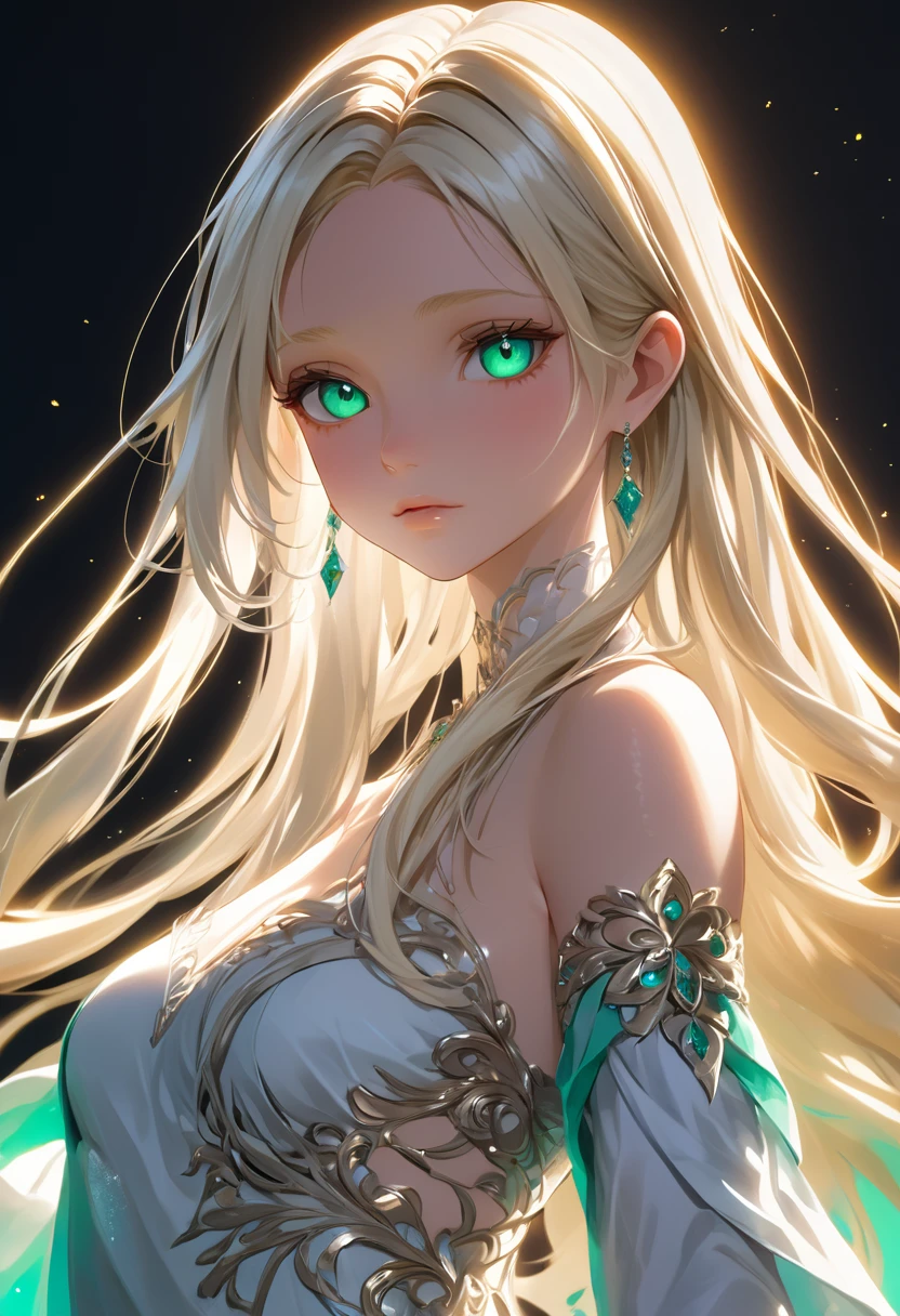 High resolution RAW color art, animation,Sculpture, Silver Marble Skin, (((Highly detailed elegant))), Magical atmosphere, Detailed skin, texture,(Exquisitely crafted, The finer details, Ultra-detailed art), Depth of written boundary, Bokeh, Silky Touch, Hyper Detail,,euphilia, One Girl,Anime girl with long blonde hair and dark turquoise eyes in a white dress, Glowing green eyes,Beautiful Eyes, Elegant face, Magic City, sunrise, Upper Body, (Big Hips, View from below), Under the chest