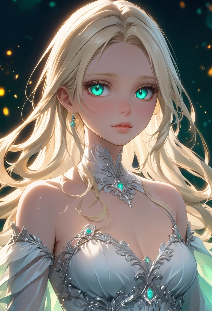 High resolution RAW color art, animation,Sculpture, Silver Marble Skin, (((Highly detailed elegant))), Magical atmosphere, Detailed skin, texture,(Exquisitely crafted, The finer details, Ultra-detailed art), Depth of written boundary, Bokeh, Silky Touch, Hyper Detail,,euphilia, One Girl,Anime girl with long blonde hair and dark turquoise eyes in a white dress, Glowing green eyes,Beautiful Eyes, Elegant face, Magic City, sunrise, Upper Body, (Big Hips, View from below), Under the chest