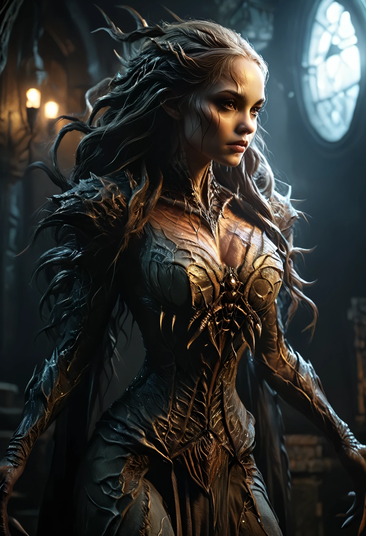 a monstrous humanoid woman, white monster, fangs, claws, four arms, intricate detailed design, dark fantasy, cinematic dramatic lighting, highly detailed, photorealistic, 8k, (best quality:1.2), hyper realistic, (masterpiece:1.4), dark foreboding atmosphere, surreal, chiaroscuro lighting, moody shadows, deep blacks, dramatic highlights, gothic horror, (realistic,photorealistic,photo-realistic:1.37), (She is half French, and is a stunning beauty with detailed eyes and a high nose:1.1), thick eyebrows, detailed facial features, long graceful neck, flowing locks of hair, poised and elegant posture, dreamy atmosphere, Surrealism, mystical aura, Charlie Bowater,