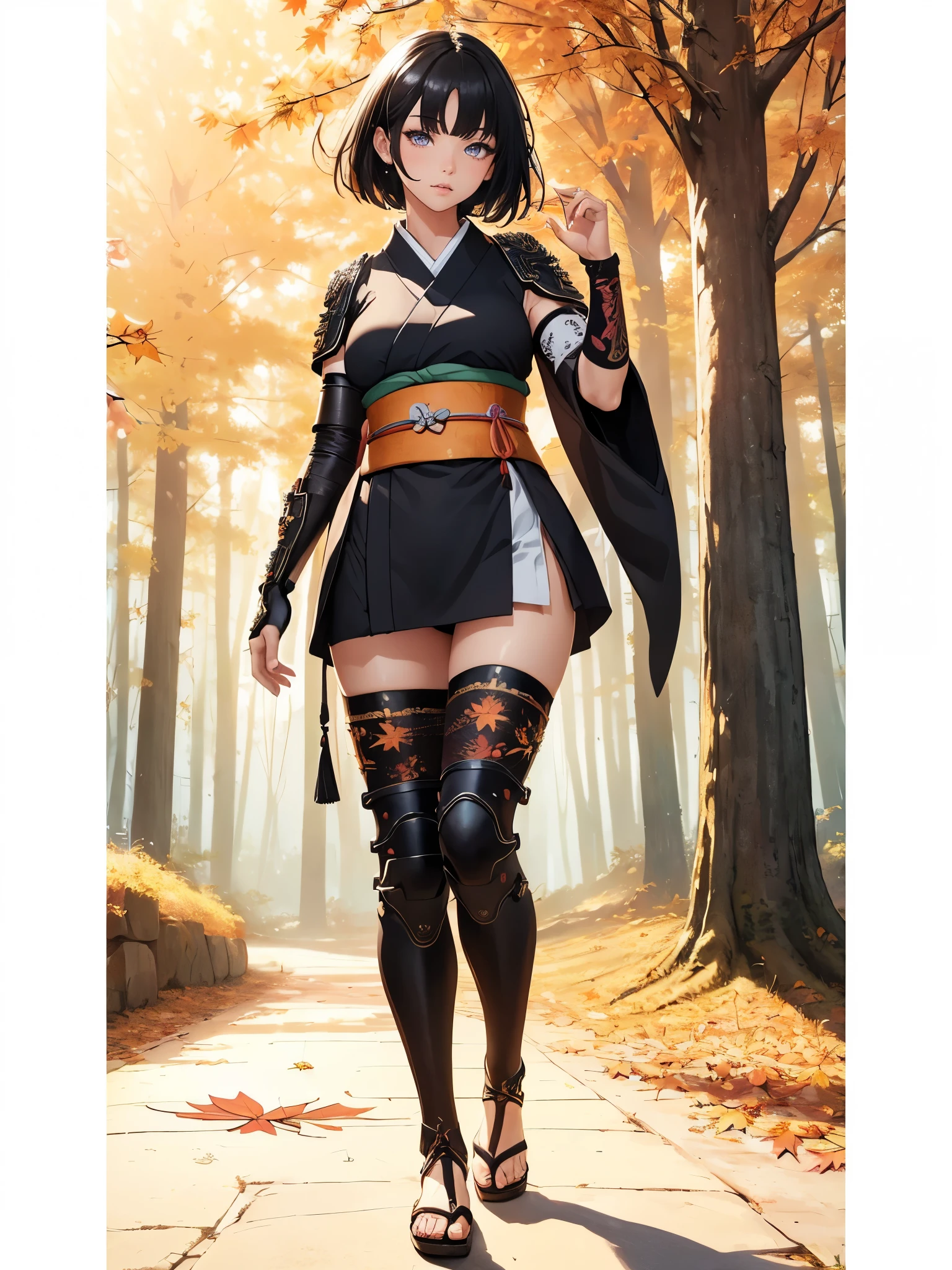 ((1girl, solo)), beautiful body, (perfect anatomy, perfect body, perfect hands, perfect legs), (five fingers:1.5), natural proportions, sexy body, large breasts, cowboy shot BREAK 

((extremely detailed face)), (beautiful detailed eyes:1.6), (realistic pupils, realistic iris:1), expressive eyes, looking at viewer, (clear eyes:1.3), (hyperrealistic:1.2), (detailed skin texture:1.2), smooth skin, (black hair:1.5), (white eyes), (short hair:1.3), ((mature female)), (detailed lips:1.2), (attractive lips:1.1), (glossy lips:1.1), (parted lips), perfect face, perfect eyes BREAK

samurai, japanese clothes, (short kimono:1.5), puffy short sleeves, sash, black elbow gloves, fingerless gloves, (arm guard:1.5), thighs, black thighhighs, ass visible through thighs, skindentation, shimenawa BREAK

outdoors, (autumn season:1.5), (torii gate), east asian architecture, (forest:1.5), (tree:1.4), stone path BREAK

(masterpiece:1.5), anime-style, top quality, best quality, (beautiful and aesthetic:1.2), (ultra detail:1.5), Ultra-detailed depiction, Ultra-precise depiction, extremely detailed 8k illustration, high resolution, (highly detailed shading:1.2), (realistic lighting:1.4), perfect lighting, vibrant colors, dynamic tones, striking hues, 8k, absurd resolution, perfect shadows, hdr, UHD, ambient lighting, realistic, ultra-realistic, photo realistic, highly detailed, rich detail, luminous colors, fine texture, intricate design, professional illustration, (soft light:1.2), (illustration:0.7)