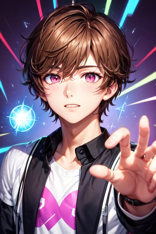 21-year-old boy with light brown hair and bright pink eyes with a purple background and wearing school clothes and with powers of telekinesis and telepathy