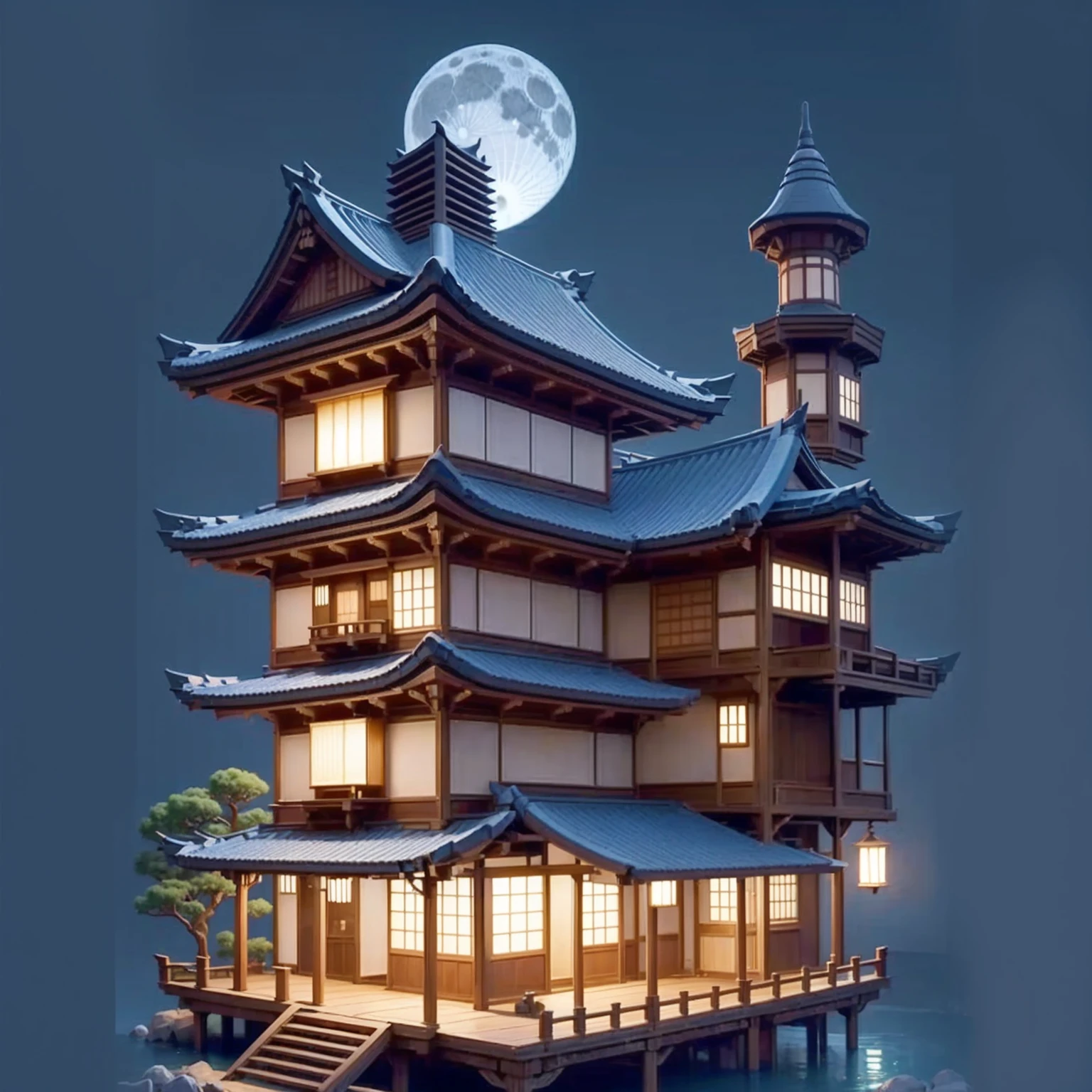 Dark blue background, Japanese Pagoda; Japanese landscape ; Japanese architecture ; Japanese garden ;full moon; nighttime; Japanese pine trees; serene; Fibonacci, golden ratio, color, passion, incredibly detailed, 8k, masterpiece, artstation, surreal