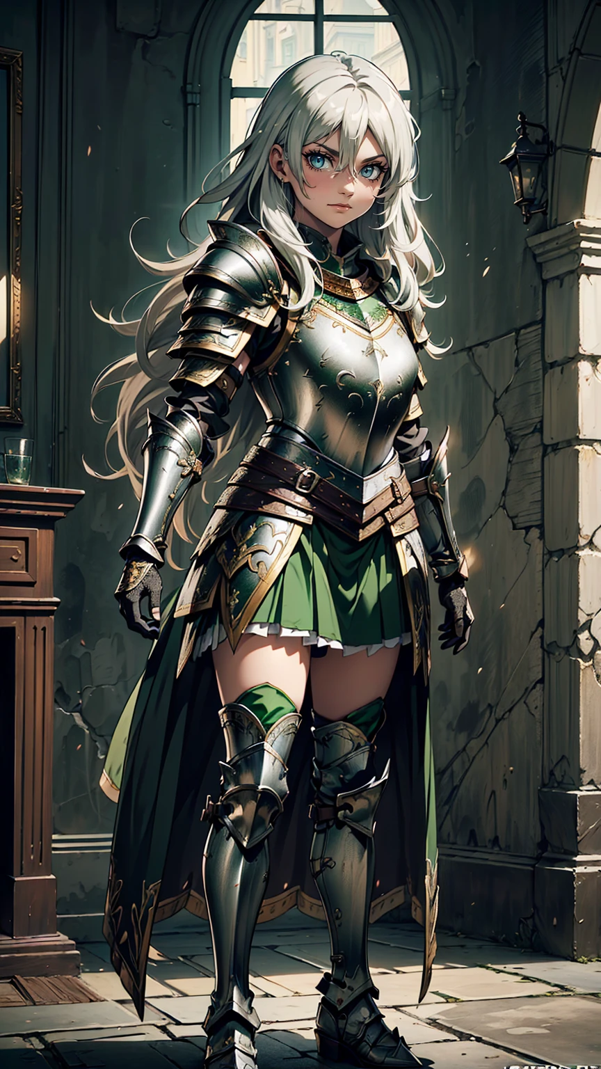 最high quality、Ultra High Definition, Ultra High Quality, Hyper Definition, Hyper Quality, Hyper Detailed, Extremely Detailed, Perfectly Detailed, Best image quality、masterpiece、anime woman((20-year-old、super dynamic pose , Green solid eyes, Silver long Hair、Disheveled Hair、Long White Hair,  Glove、Green Skirt, Noble Armor, Smirk, cheerful expression, Detailed Cuirass , Dressed in Full Coverage Noble Plate Armor, leg armor)),high quality、Beautiful art、background((Inside the mansion))、Written boundary depth、  movie、Visual Arts、Perfect art、8K,Genuine、