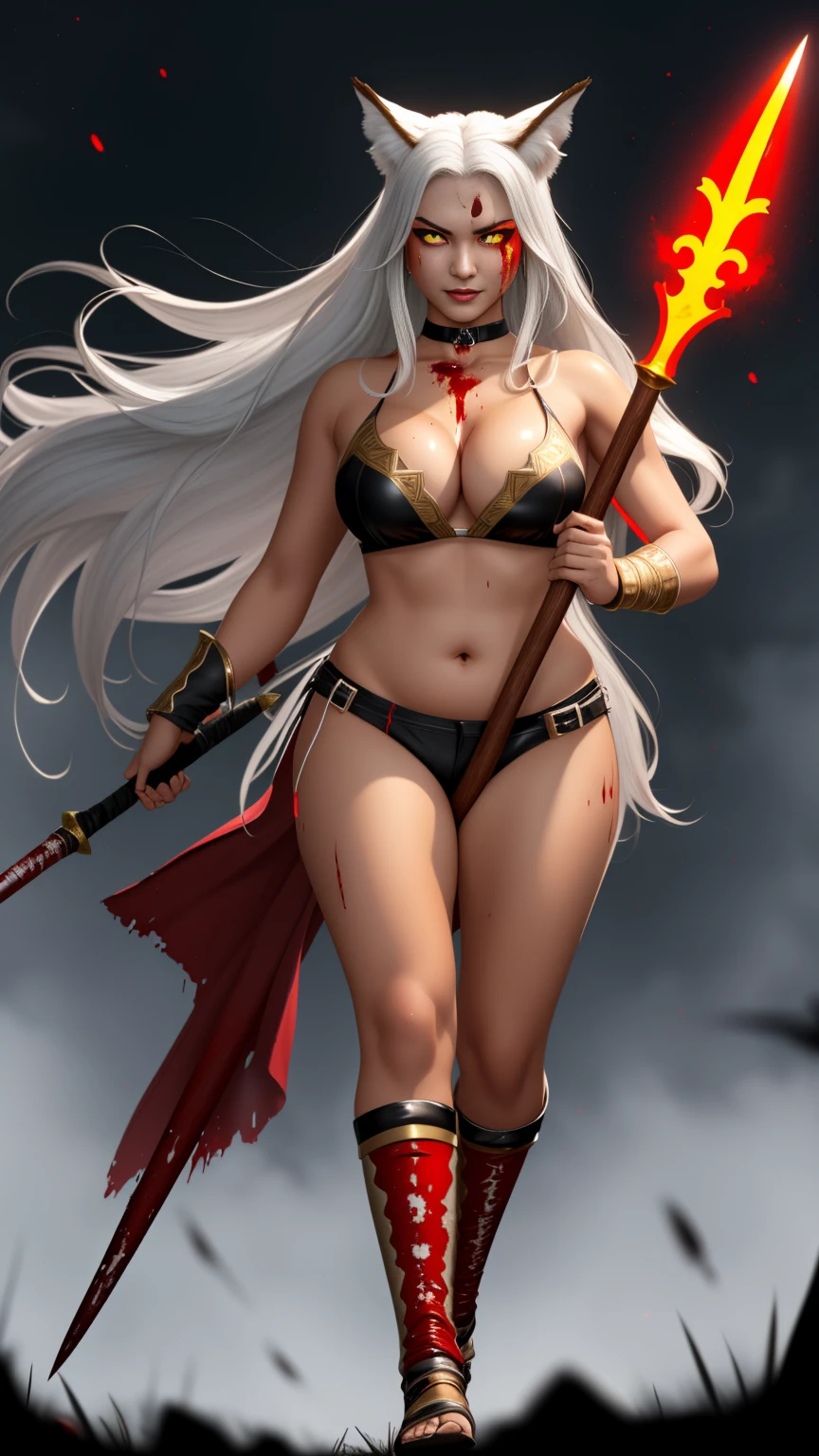 Shockingly Beautiful exotic tanned female kitsune barbarian walking toward the camera, slim fit slender toned lean, very muscular, chubby, holding a huge oversized spear with a stylized red glowing blade, long wild silver hair, glowing golden eyes, intense angry expression, slight wicked evil smile, blood splatter smeared and dripping, large red rage aura