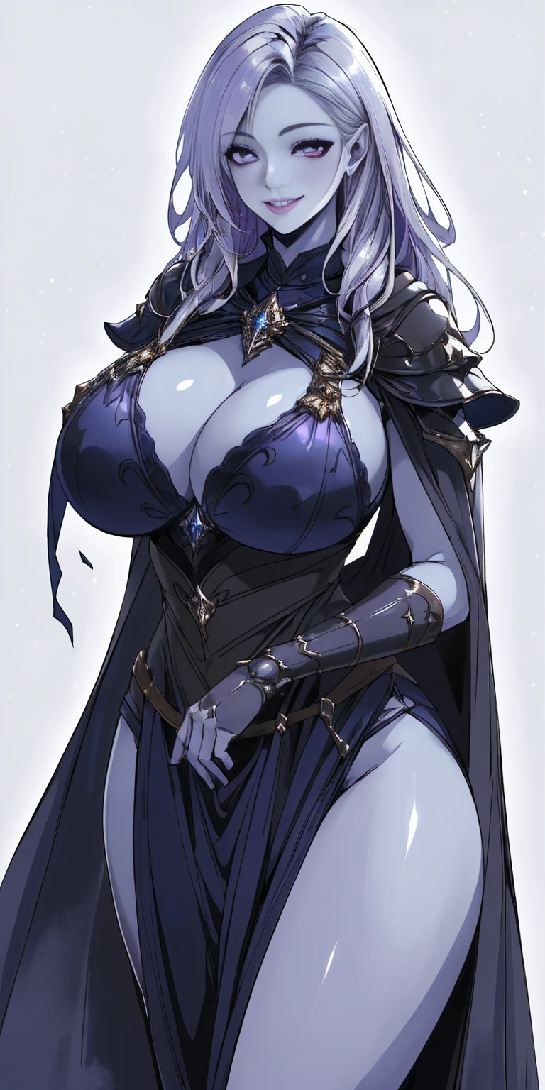 (Female chest covered)(smile) Gray skin, pale golden hair and violet eyes. She prefers clothing of white and silver with cloaks of deep blue or purple, village background, huge_knockers ((very precise detailed)) ((highres)
