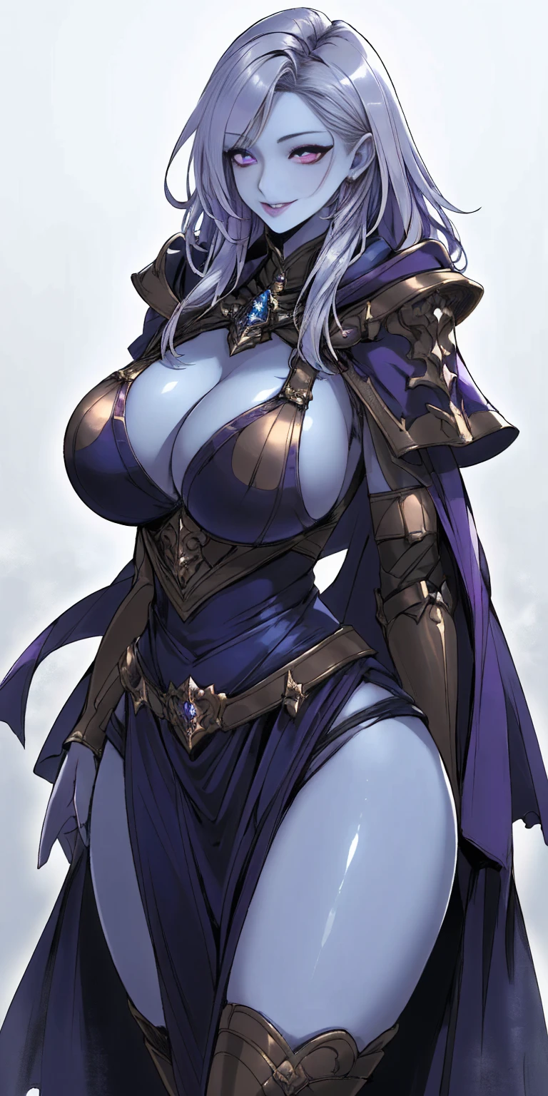 (Female chest covered)(smile) Gray skin, pale golden hair and violet eyes. She prefers clothing of white and silver with cloaks of deep blue or purple, village background, huge_knockers ((very precise detailed)) ((highres)