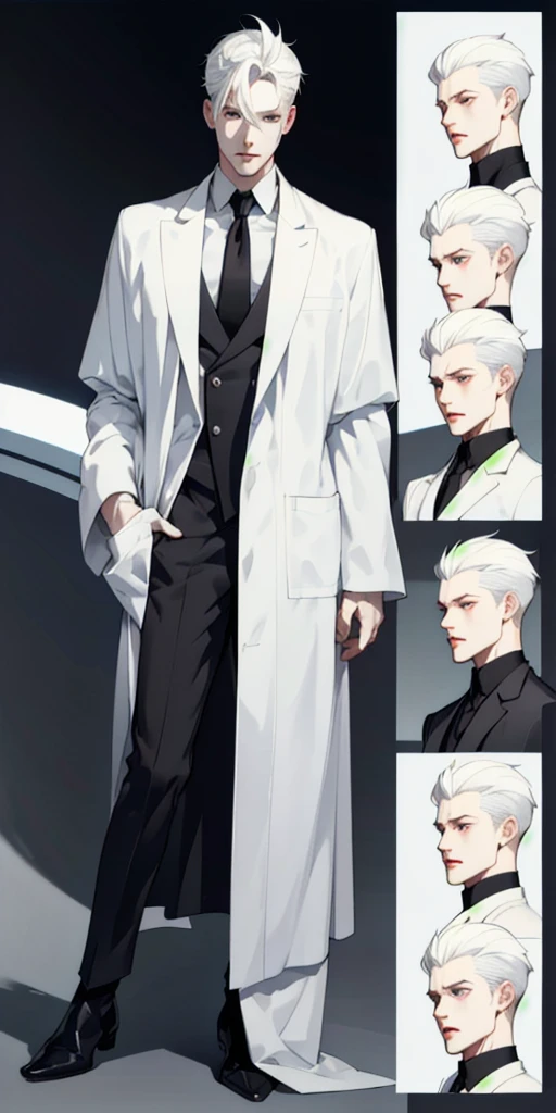 A 35-year-old Male pale skin wearing a lab coat slit back black hair define jawline bags under his eyes full body character sheet character design sheet