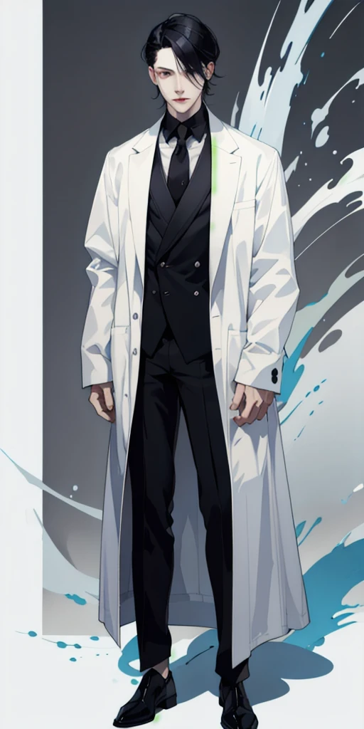 A 35-year-old Male pale skin wearing a lab coat slit back black hair define jawline bags under his eyes full body character sheet character design sheet