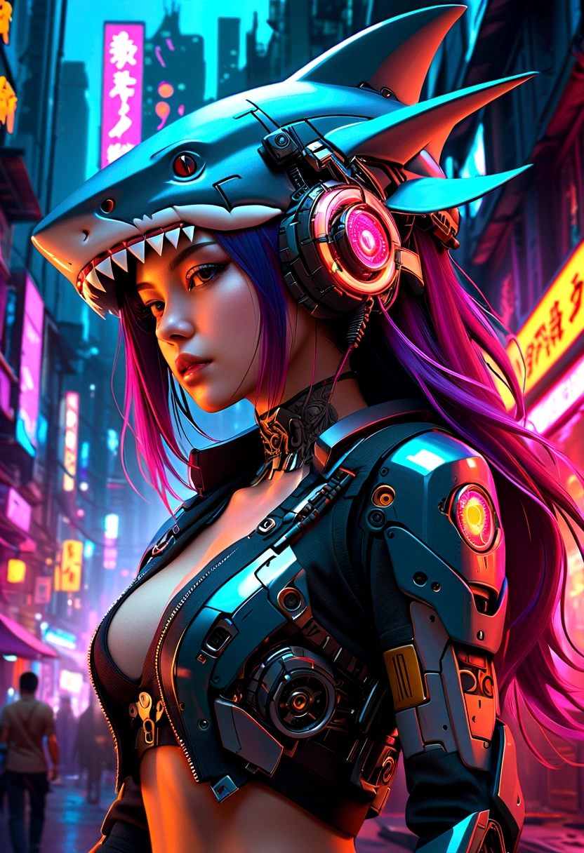 Cyberpunk girl wearing a shark head mecha