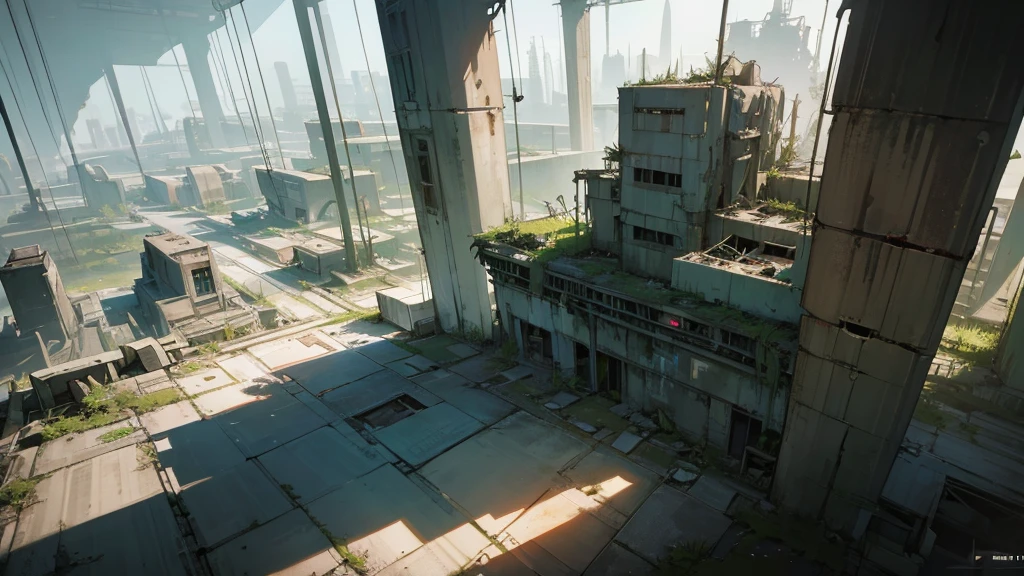 a futuristic abandoned cosmodrome, medical facility, aerial view, intricate architecture, advanced technology, decaying structures, overgrown vegetation, sunlight streaming through windows, shafts of light, atmospheric lighting, cinematic composition, muted color palette, sense of abandonment and decay, photorealistic, 8k, highly detailed