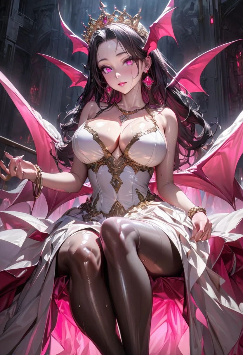 Young beautiful woman,(Highest quality,Extremely detailed depiction,Incredibly absurd high resolution,Anatomically accurate depiction,Two lovely hands, Five perfect fingers,Curvy Legs),(Glowing Skin,Shiny skin,Oilskin),(((Succubus disguised as a princess))),(A shiny white princess dress with intricate construction,Luxurious accessories,necklace,Earrings,bracelet,A luxurious tiara,black tights),eyelash,(Glowing pink eyes,There is cleavage in the chest,A seductive smile,Large Breasts,Glossy Lips,Shadowed face,Sitting with knees raised and soles of feet facing towards you),Sweat,whole body,background:Bedroom at night,Sitting,Pink Light,From below