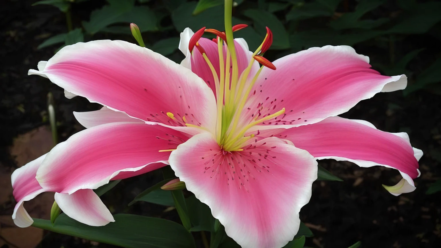 un primer plano de una Pink flower y blanca con un tallo verde, lily, lily flower, rubrum Lilies, lily flowers, Lilies, lilys, large exotic flowers, big lilys, amazing in its beauty, Stargazer, lily petals, Beautiful image, very ornamental, impressive detail, highly ornamental, extraordinary beauty, exotic, Pink flower, lily frank, mixed with a dahlia flower and butterflies pose on top of it, colorful butterflies, dahlia flowers, liz flowers, beautiful butterflies, beautiful lily flowers, dahlia flowers hermosas, realistic white background