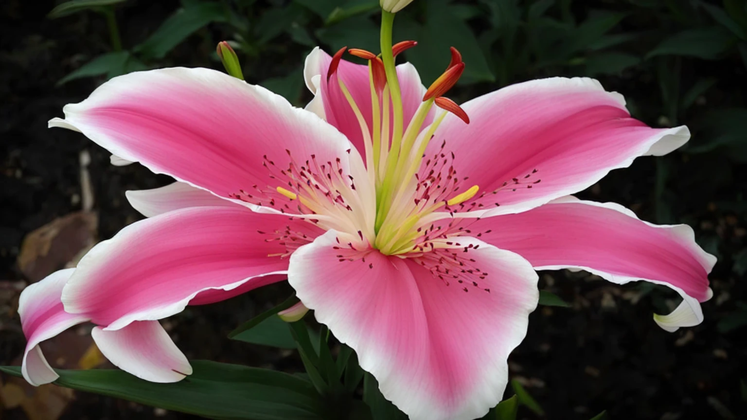 un primer plano de una Pink flower y blanca con un tallo verde, lily, lily flower, rubrum Lilies, lily flowers, Lilies, lilys, large exotic flowers, big lilys, amazing in its beauty, Stargazer, lily petals, Beautiful image, very ornamental, impressive detail, highly ornamental, extraordinary beauty, exotic, Pink flower, lily frank, mixed with a dahlia flower and butterflies pose on top of it, colorful butterflies, dahlia flowers, liz flowers, beautiful butterflies, beautiful lily flowers, dahlia flowers hermosas, realistic white background