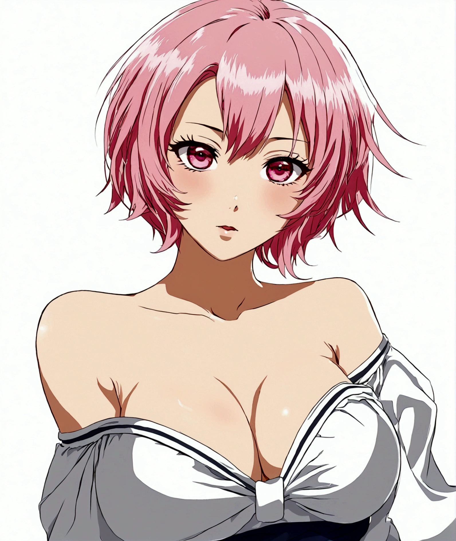 1girl, solo, breasts, looking at viewer, blush, short hair, simple background, shirt, white background, cleavage, medium breasts, upper body, pink hair, pink eyes, off shoulder, hair twirling, saigyouji yuyuko, momo velia deviluke