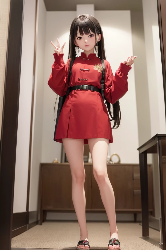 do a to the camera, full body, beautiful chinesse girl,presenting the palms of his hand,complete shoe