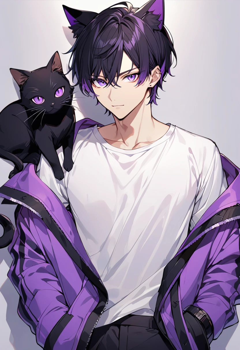 1man, short black hair, black cat ears, bright purple eyes, wearing a purple buttoned jacket, wearing a white undershirt, wearing black pants , wearing a purple watch