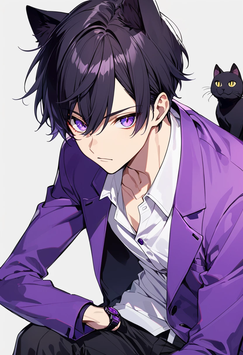 1man, short black hair, black cat ears, bright purple eyes, wearing a purple buttoned jacket, wearing a white undershirt, wearing black pants , wearing a purple watch