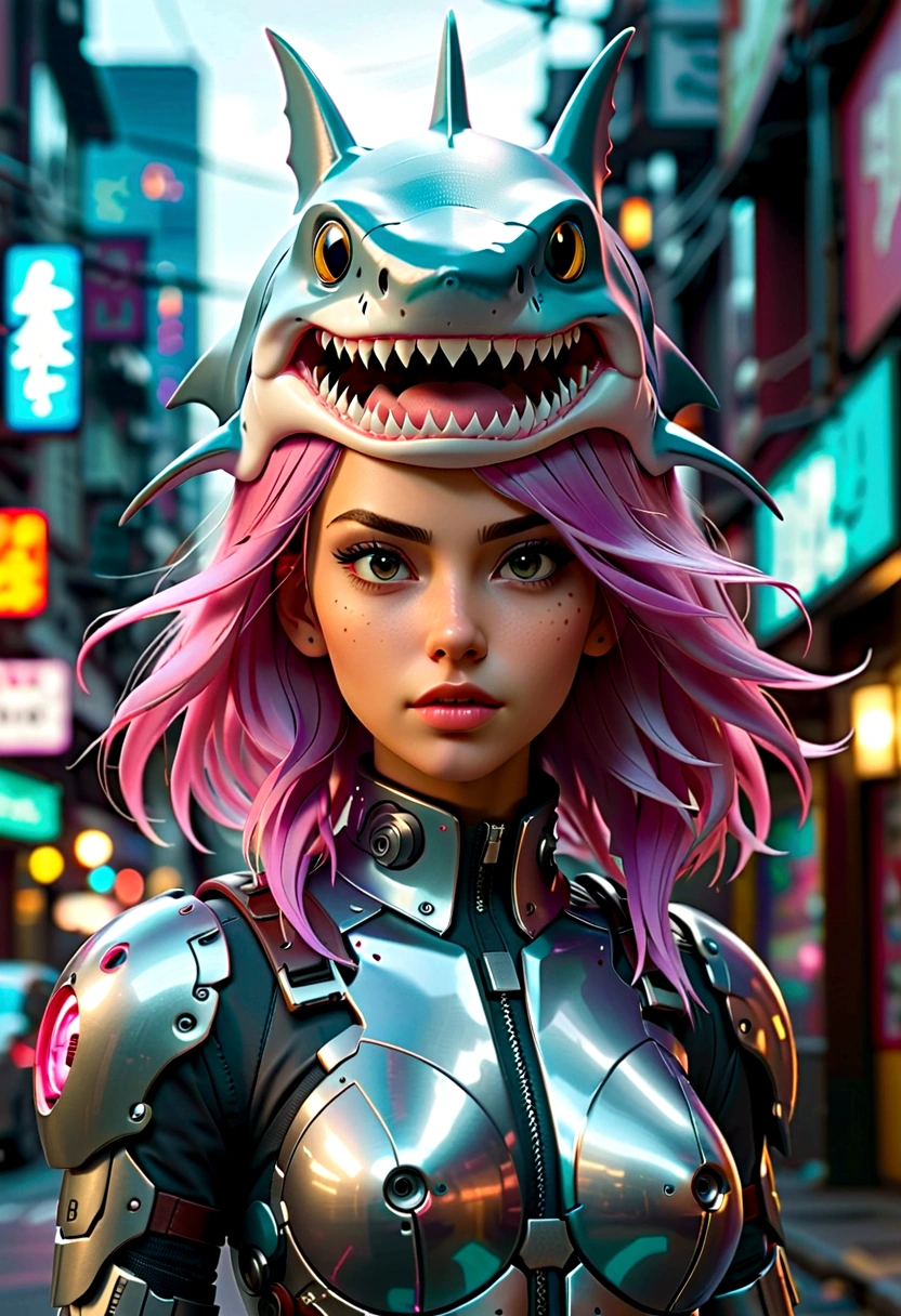 Cyberpunk girl wearing a shark head mecha