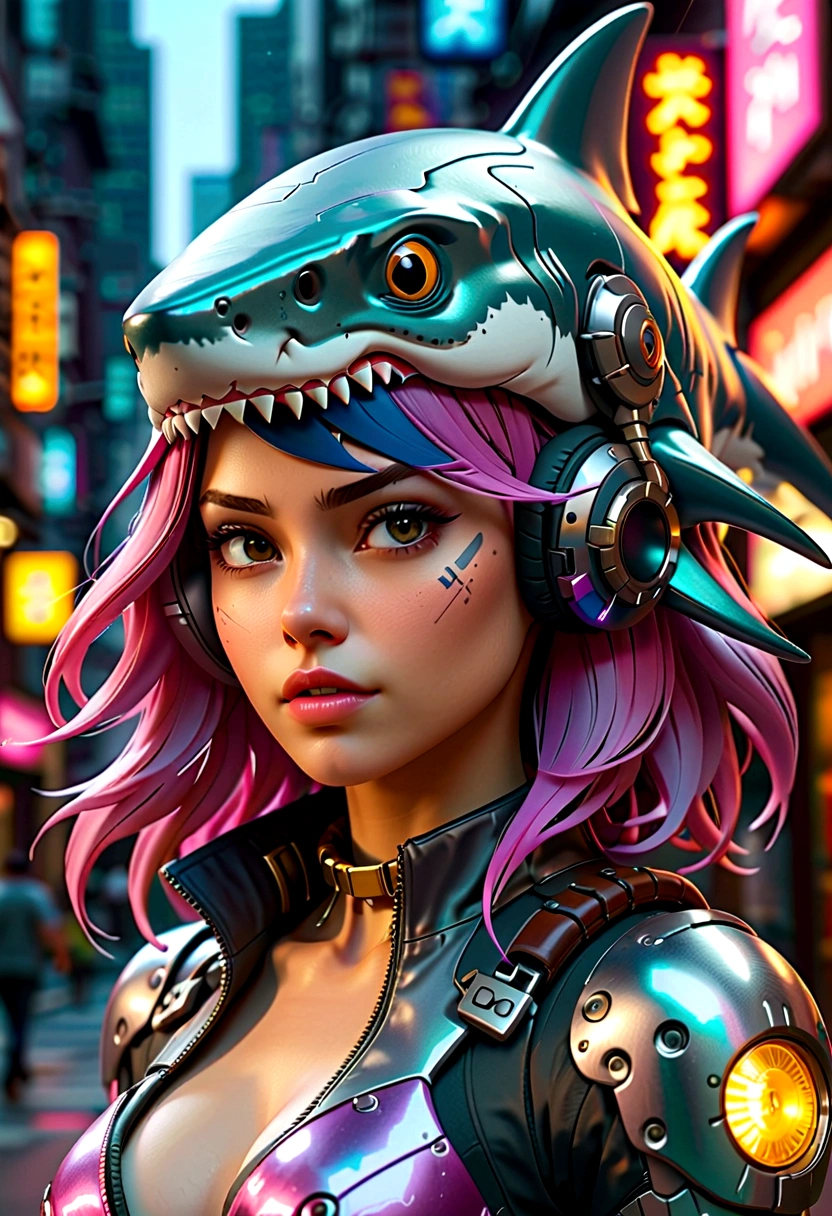 Cyberpunk girl wearing a shark head mecha