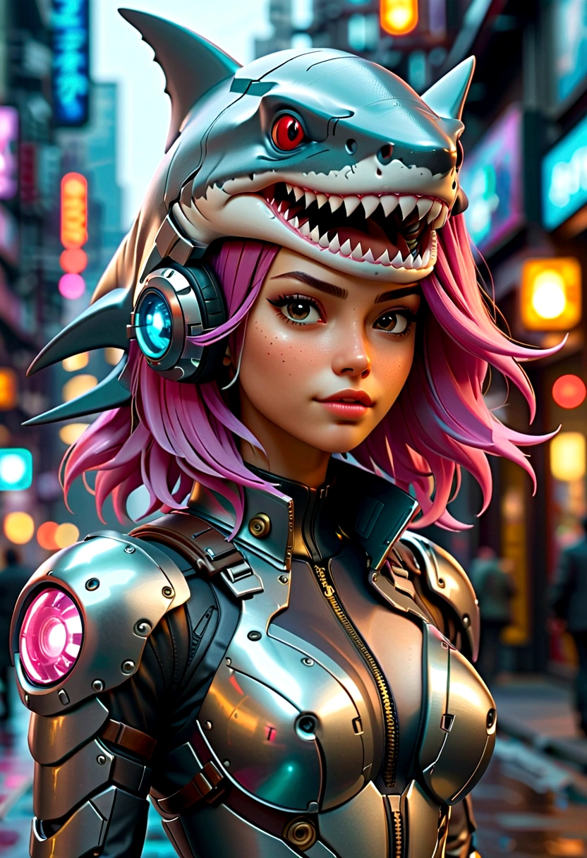 Cyberpunk girl wearing a shark head mecha