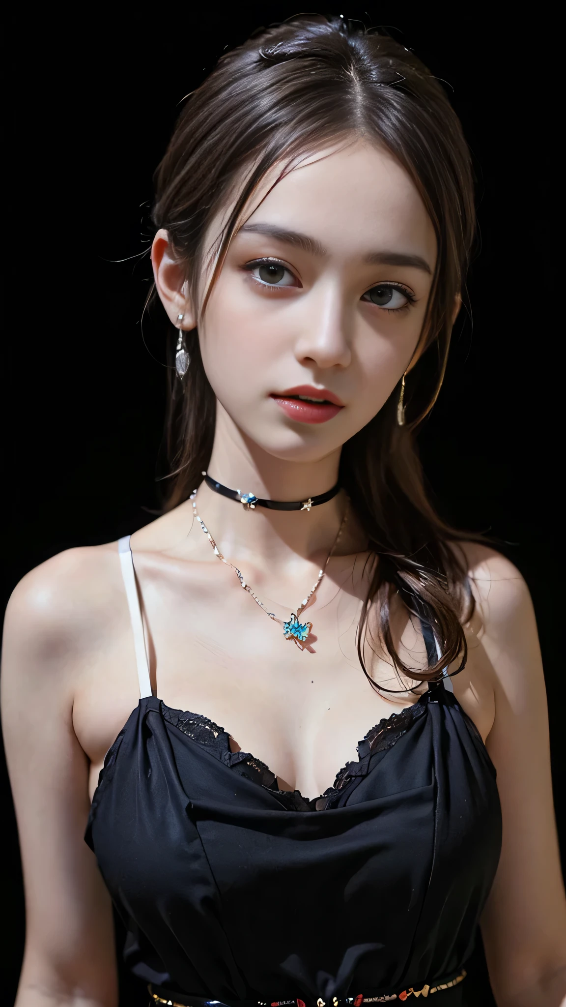 ((masterpiece:1.4)、(Highest quality:1.4)、(Realistic:1.7))、Masterpiece:1.4、Pretty Girl 0、pretty girl、Portrait Photography、Close-up photo、Upper body photo shoot、Beautiful expression、Resistance、Dark Background、Tight waist、ponytail、RAW Photos、Red lips、choker:1.4、necklace:1.4、Earrings:1.4、1 Screen Display