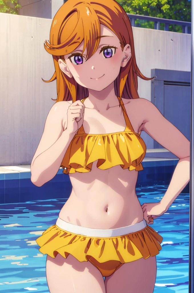 (((pixel-perfect, detail-perfect))), solo, 1girl, kanon shibuya, eyes violet, hair orange, smile, pool, bikini, armpit, medium filesize, ultra High Qality